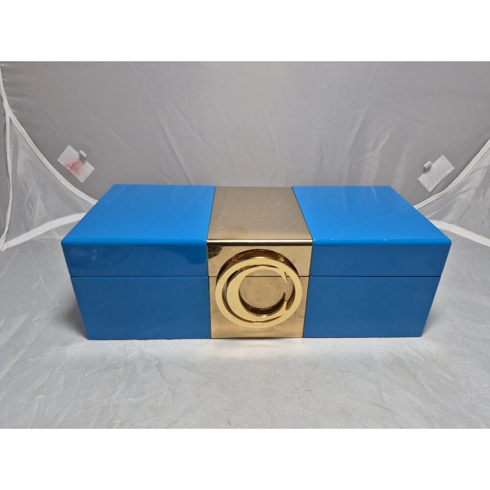 💥 C Wonder Blue Lacquer Hinged 11x5 Jewelry Trinket Box Gold C Monogram B7